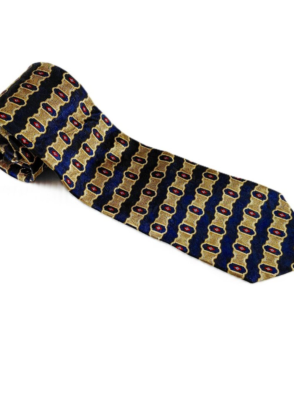 Raphael Classic Width Men's Tie Navy Blue Gold Red Geometric Print 100% Silk